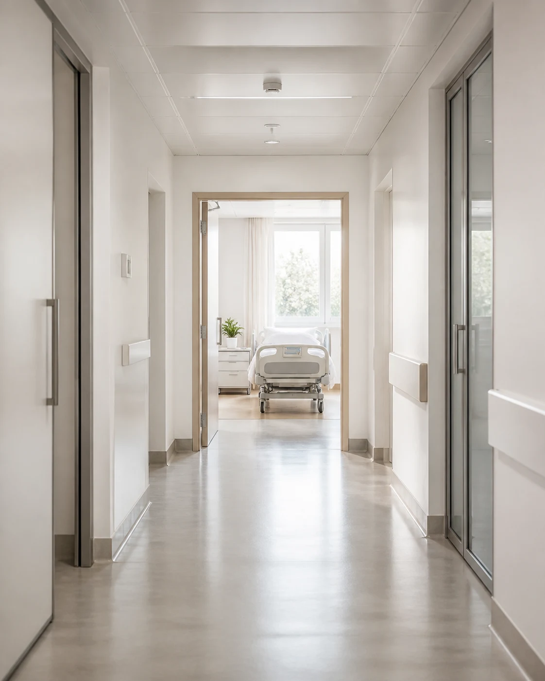 Blick durch einen ruhigen Krankenhausflur in ein Patientenzimmer
