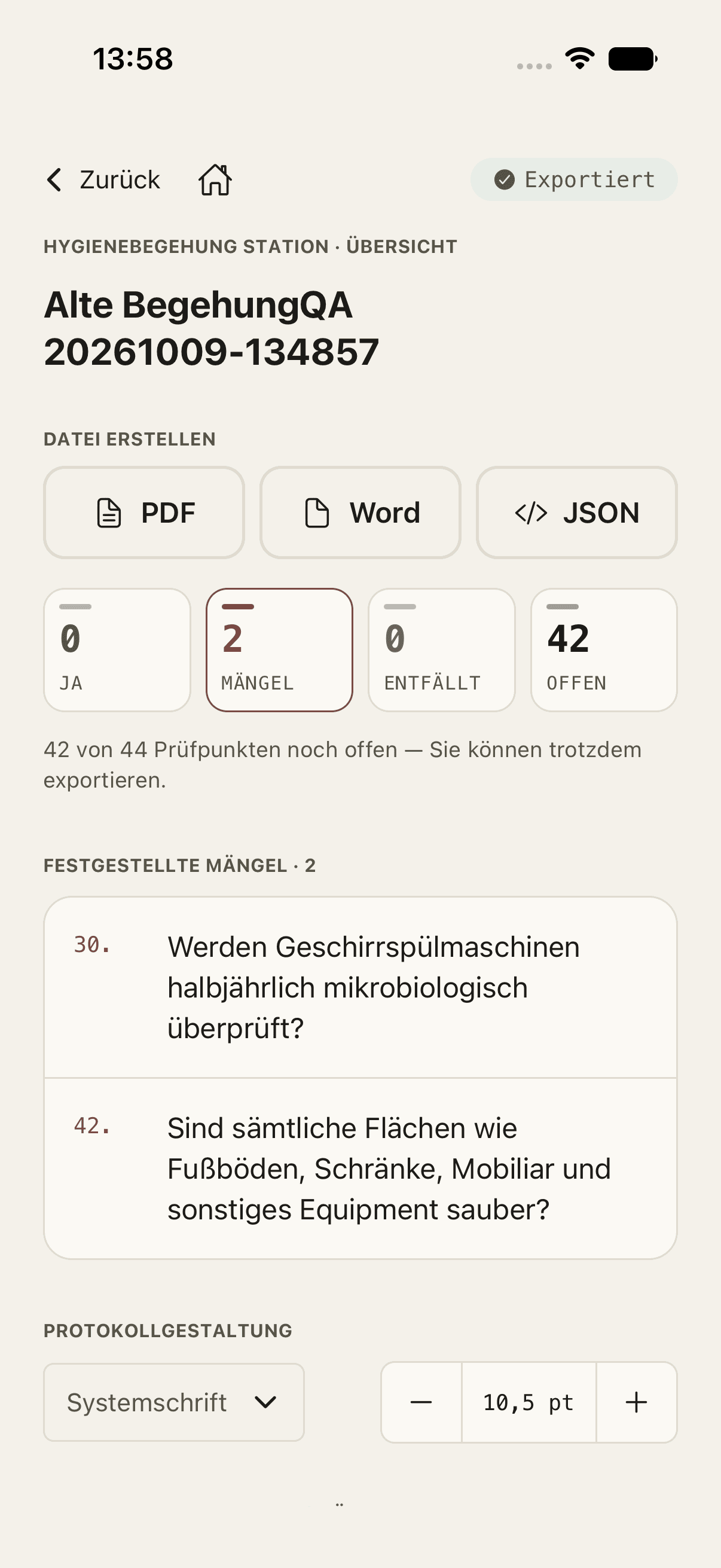 Audits: PDF, Word oder JSON: Sie wählen das Format.