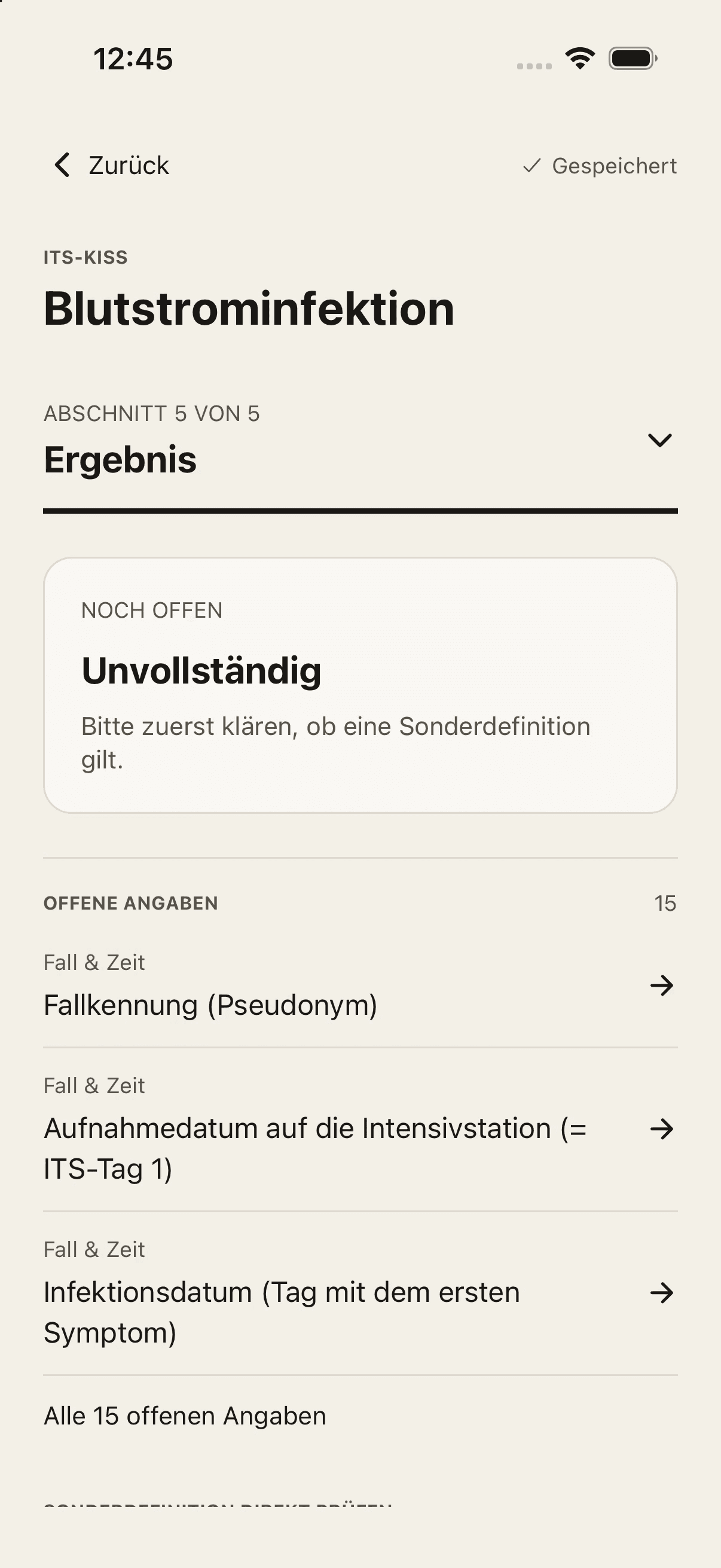 KISS-Checker: Offene Angaben führen zurück zur konkreten Frage.