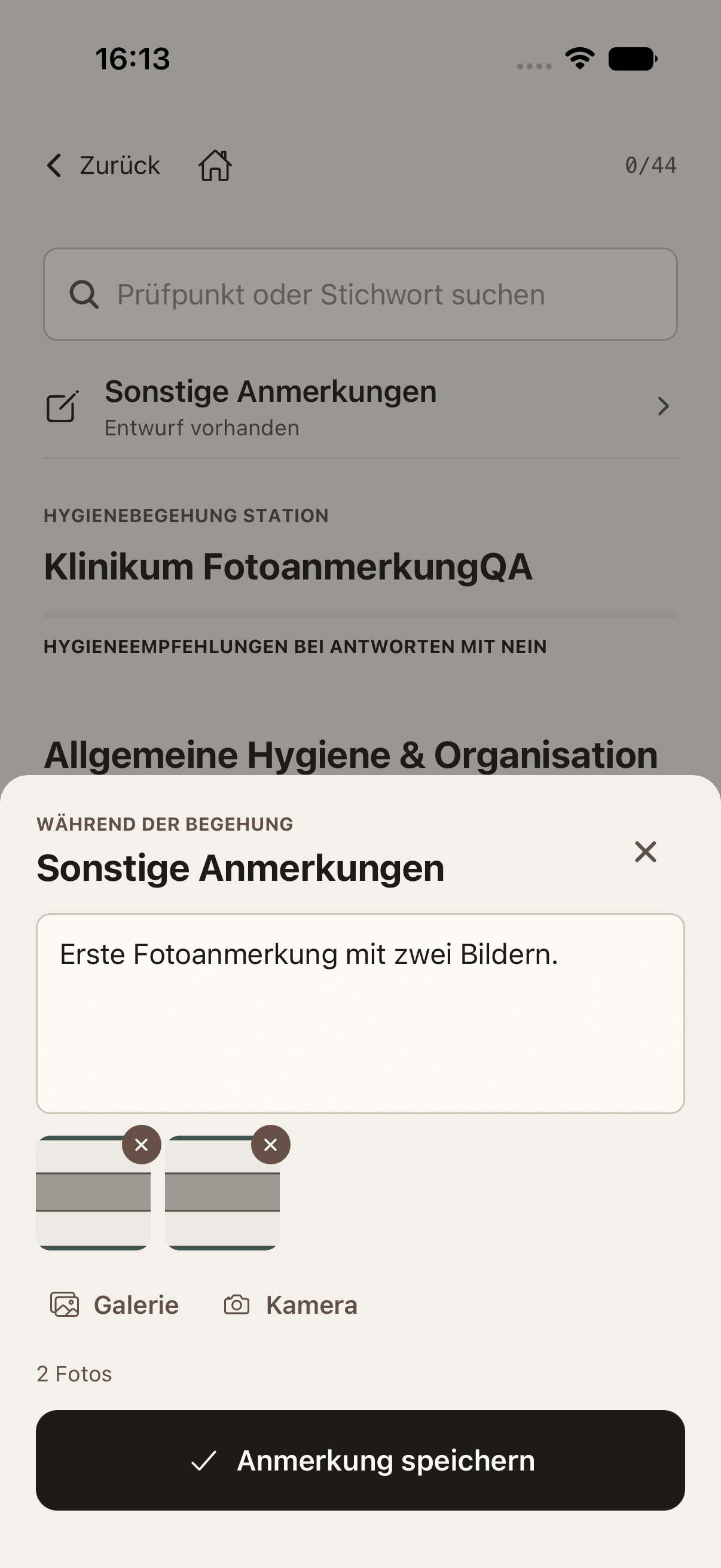Originalansicht der Hyga SI-App: eigene Anmerkung und zugehörige Fotos während einer Begehung