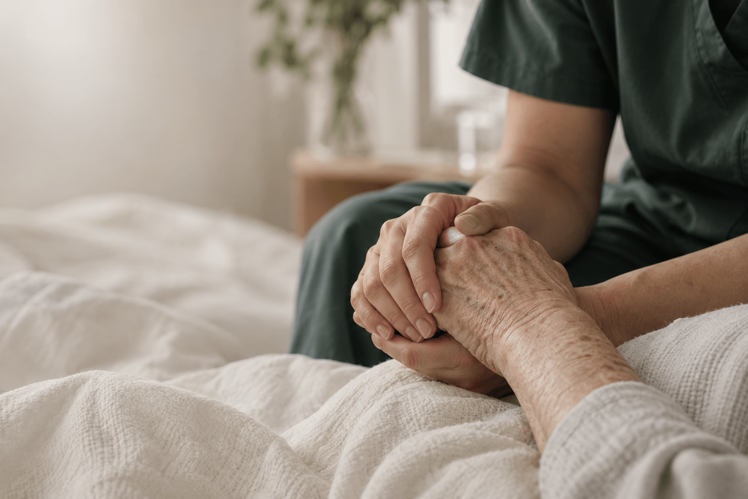 Eine pflegende Person hält behutsam die Hand eines älteren Menschen