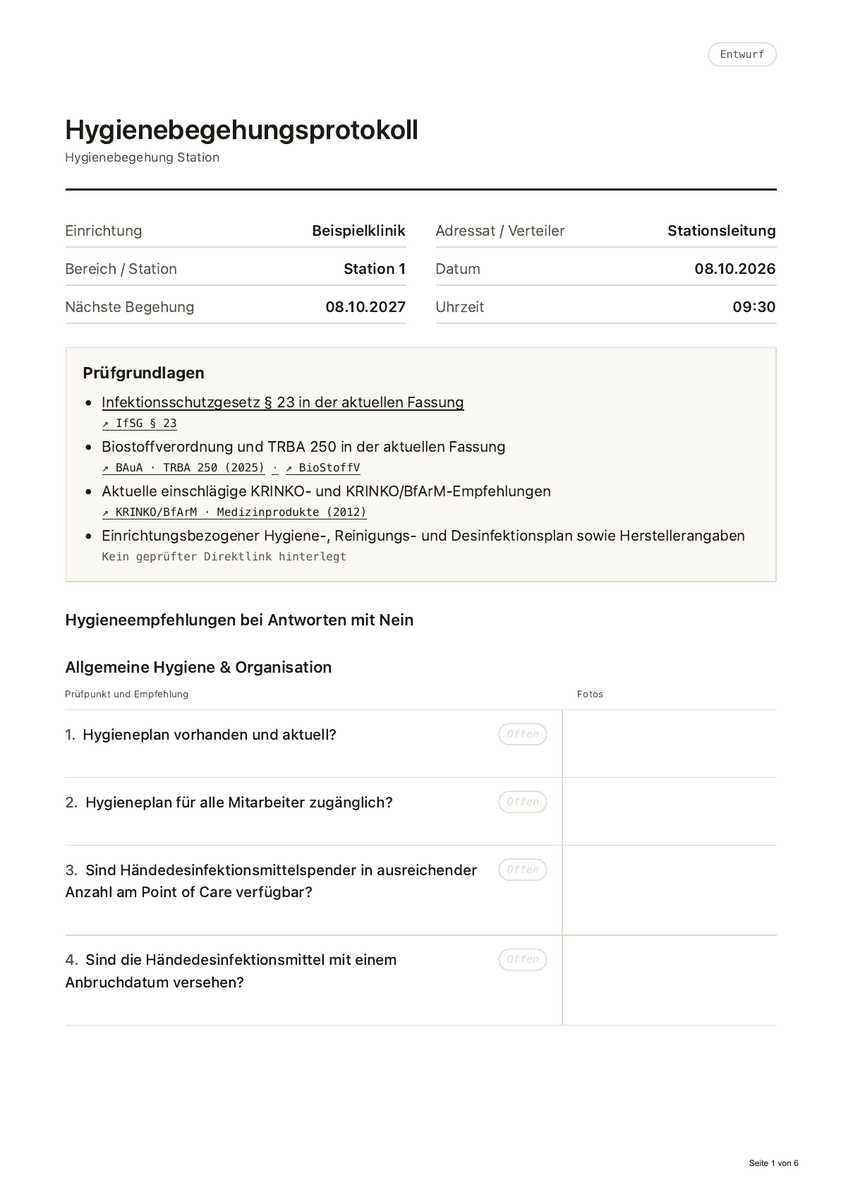 Erste Seite des Hyga SI-Beispielprotokolls: fiktive Stationsbegehung, Prüfgrundlagen und noch offene Fragen.