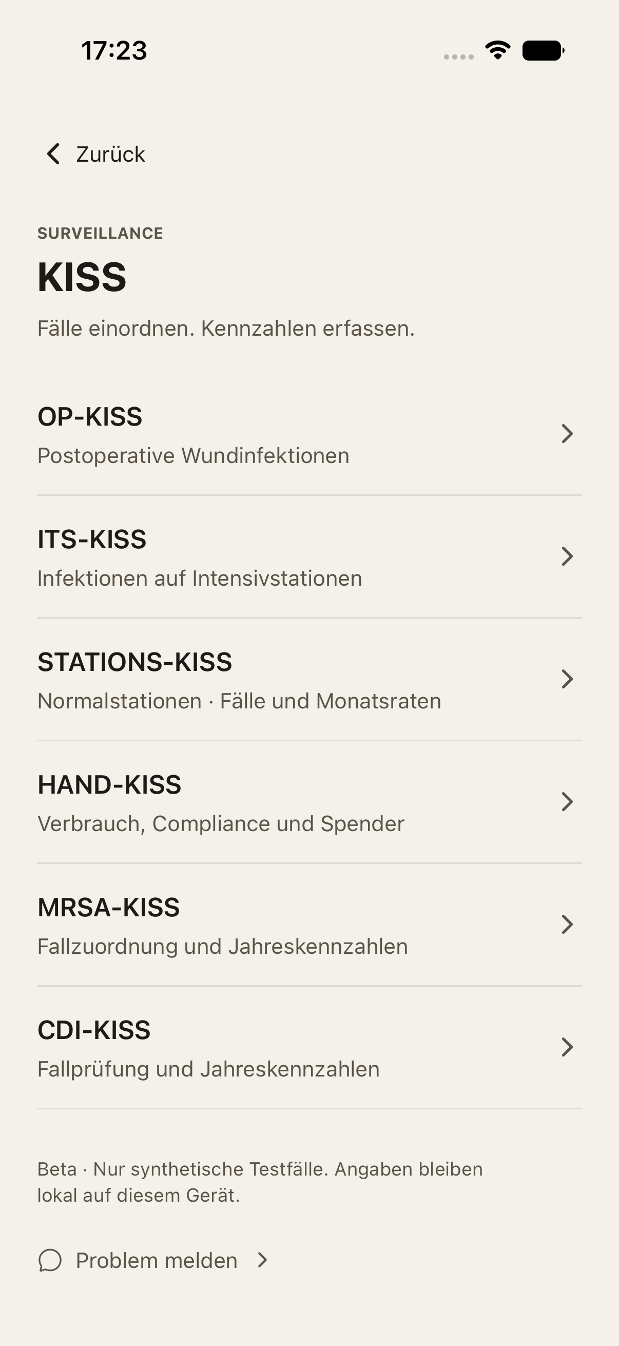 Originalansicht der Hyga SI-App: KISS-Checker mit Modulauswahl