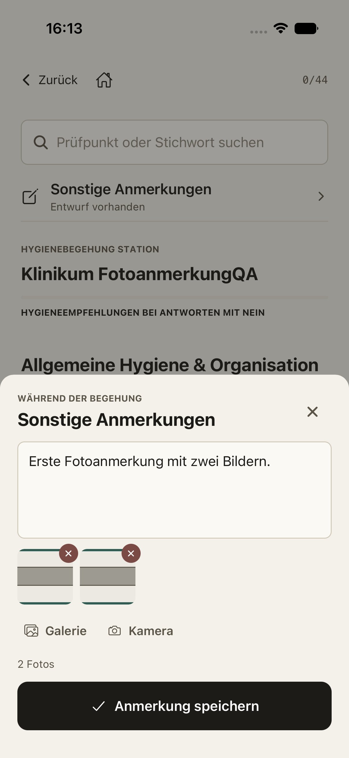 Originalansicht der Hyga SI-App: eigene Anmerkung und zugehörige Fotos während einer Begehung