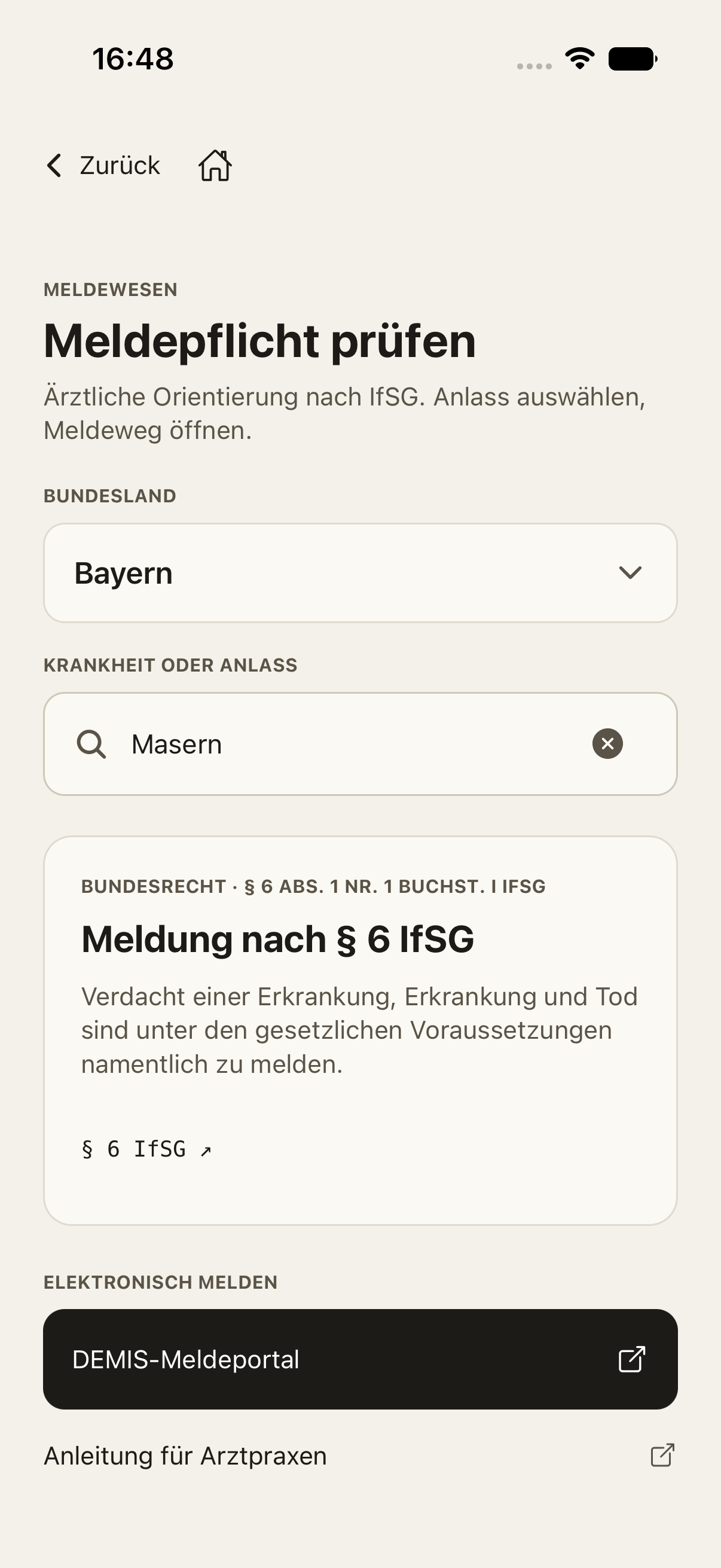 Originalansicht der Hyga SI-App: Meldeprüfung mit Anlass und gesetzlicher Grundlage