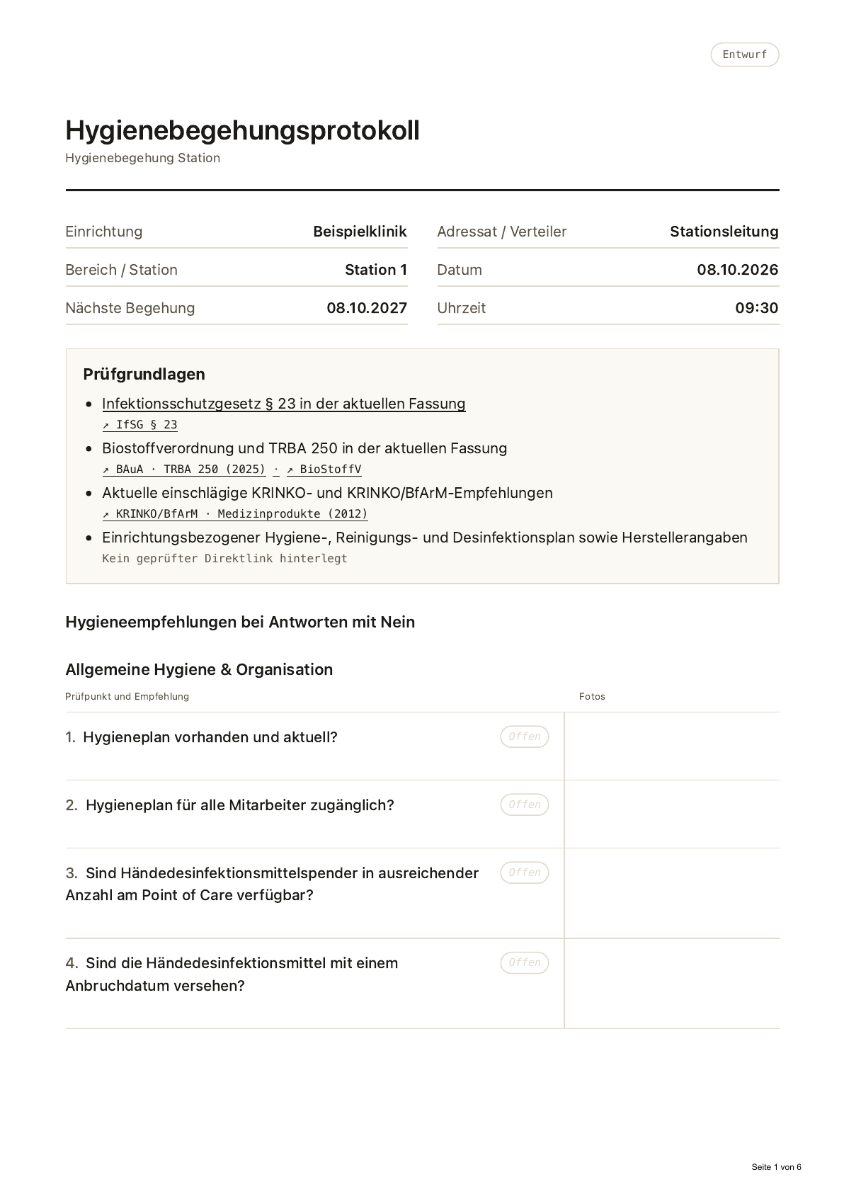 Original-Beispielprotokoll: erste von sechs Seiten eines fiktiven Entwurfs